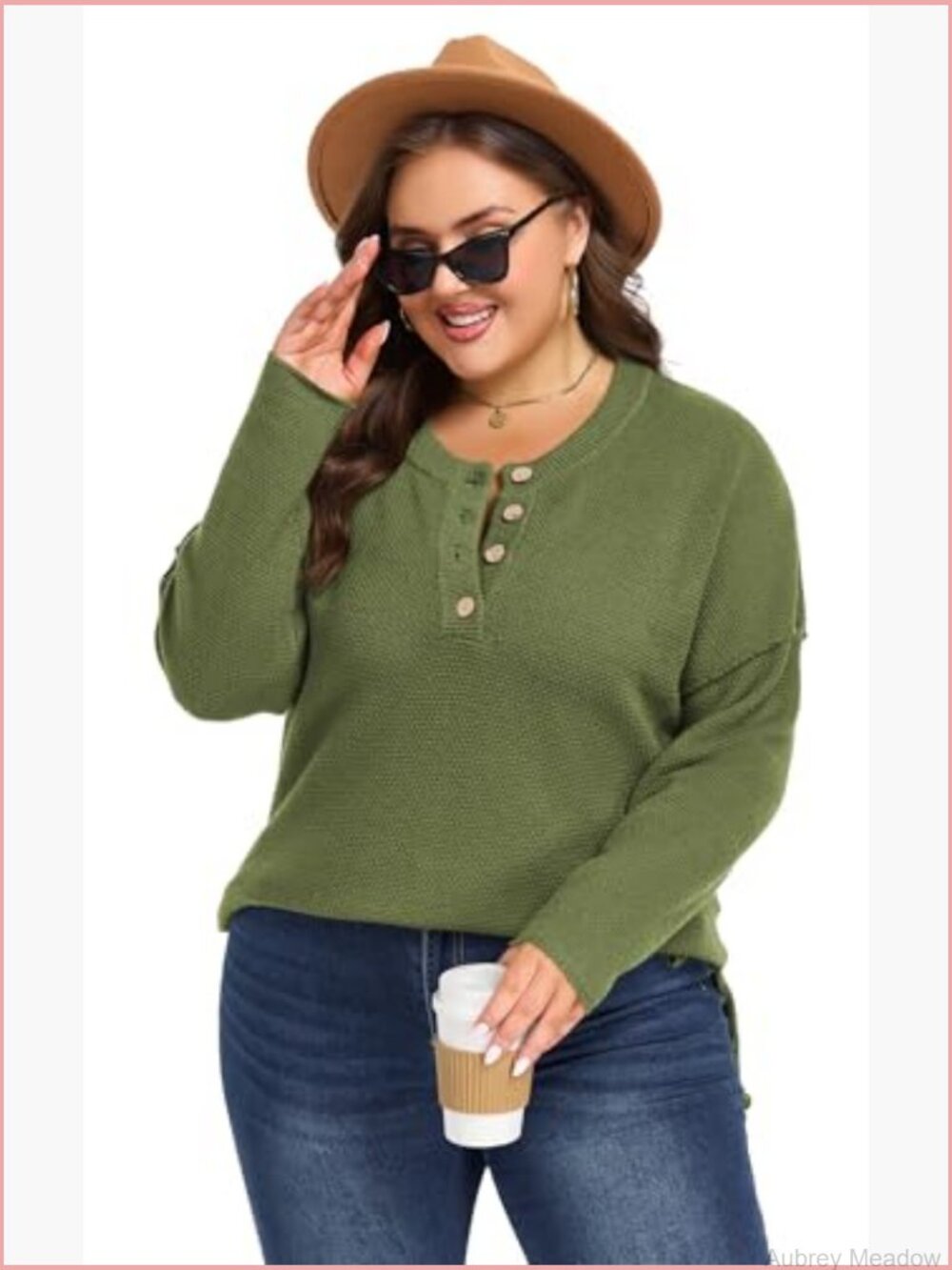 Plus Size Long Sleeve V Neck Button Henley Sweater Top Loose Knit Pullover - Picture 5 of 7